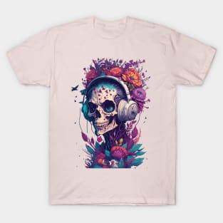 Zombie Wearing Trendy Headphone With Flowers T-Shirt